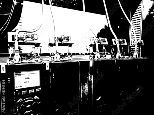 Black and white illustration - frequency converters in an electrical cabinet on a white background