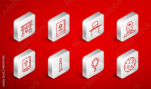Set line Moon, Jewish torah book, Orthodox jewish hat with sidelocks, Man third eye, Rosary beads religion, Japan Gate, Burning candle and Holy bible icon. Vector