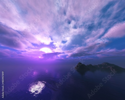 Beautiful sunset on the sea near the island with a tree  sea sunrise  3d rendering