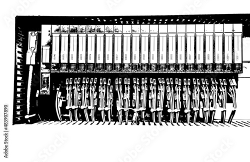 Black and white illustration - electrical cabinet with controllers  on a white background