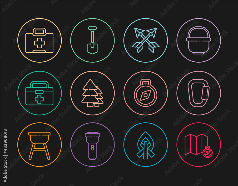 Set line Location of the forest on map, Carabiner, Crossed arrows, Tree, First aid kit, Compass and Shovel icon. Vector Set line Location of the forest on map, Carabiner, Crossed arrows, Tree, First aid kit, Compass and Shovel icon. Vector