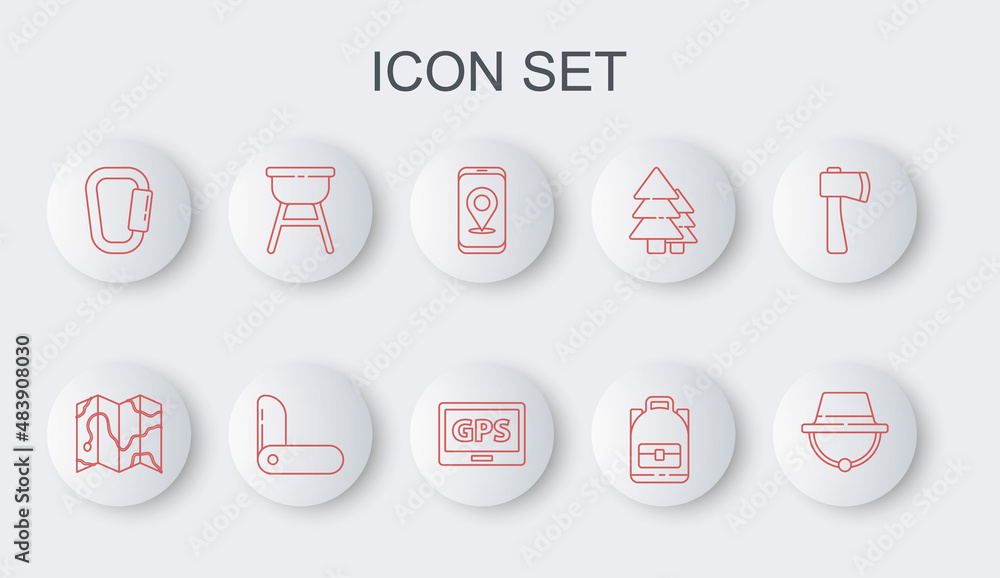 Set line Camping hat, Location of the forest on map, City navigation, Hiking backpack, Carabiner, Barbecue grill, Swiss army knife and Gps device with icon. Vector Set line Camping hat, Location of the forest on map, City navigation, Hiking backpack, Carabiner, Barbecue grill, Swiss army knife and Gps device with icon. Vector