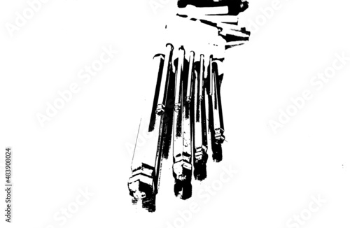 Black and white illustration - a set of hexagon keys on a white background