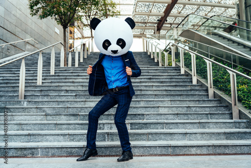 Εκτύπωση καμβά Storytelling image of a business man wearing a giant panda head