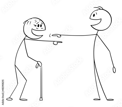 Young and Old Person Laughing Each Other or Together, Vector Cartoon Stick Figure Illustration