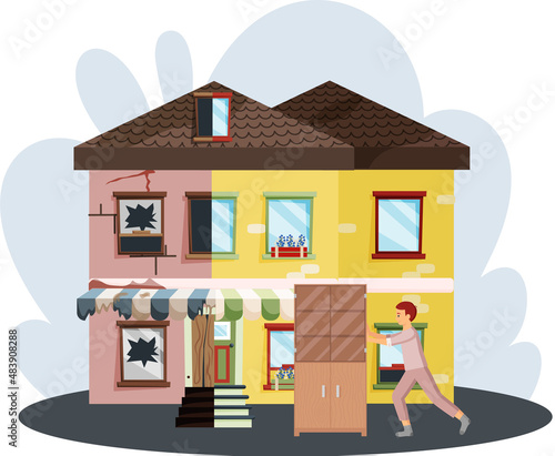 Home house repair renovation service. Before and after creative concept, restoration of old building. Owner standing in front of home before and after overhaul. Reconstruction of destroyed cottage