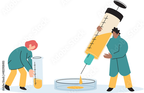 Scientist doctor researcher virologist creating vaccine infusion for injections. Laboratory researching drugs. Medicines scientific pharmaceutical analysis. New vaccine complete development