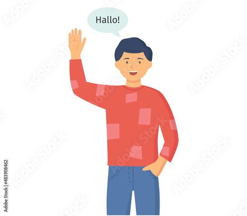 Different nations representatives waving hand. Young dark haired man in casual clothes say hello. Character flap his hand friendly isolated on white. Guy waving hand saying hi, makes greeting gesture © Dmytro