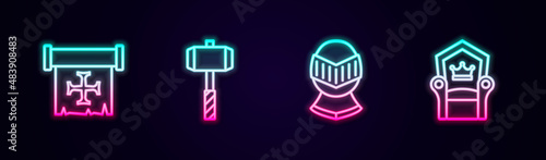 Set line Crusade, Battle hammer, Medieval helmet and throne. Glowing neon icon. Vector
