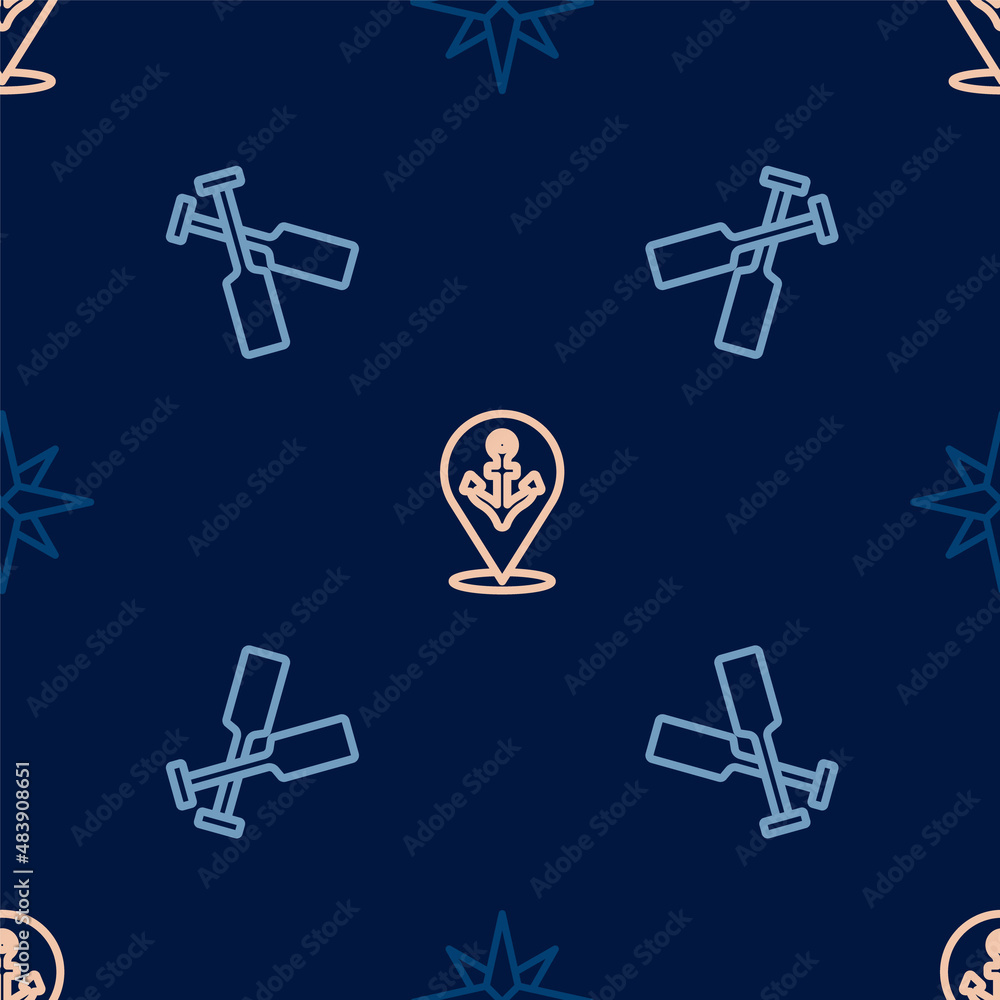 Set line Wind rose, Crossed oars or paddles boat and Location with anchor on seamless pattern. Vector