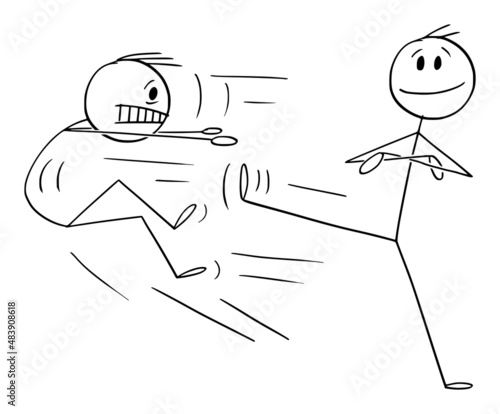 Confident Person Fighting With Enemy or Competitor, Vector Cartoon Stick Figure Illustration