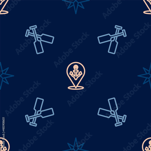 Set line Wind rose  Crossed oars or paddles boat and Location with anchor on seamless pattern. Vector