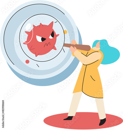 Virologist researching new virus, searching for antivirus and medication. Female doctor scientist uses magnifying glass to research. Viral laboratory. Medicine pharmaceuticals and health care