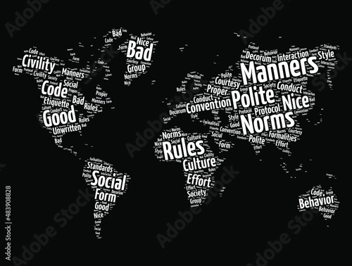 Manners word cloud in shape of world map, concept background