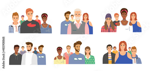 Multiethnic group of people standing together community and togetherness concept, diversity portrait. Characters men and women isolated on white. Crowd community. Social diversity friends or relatives