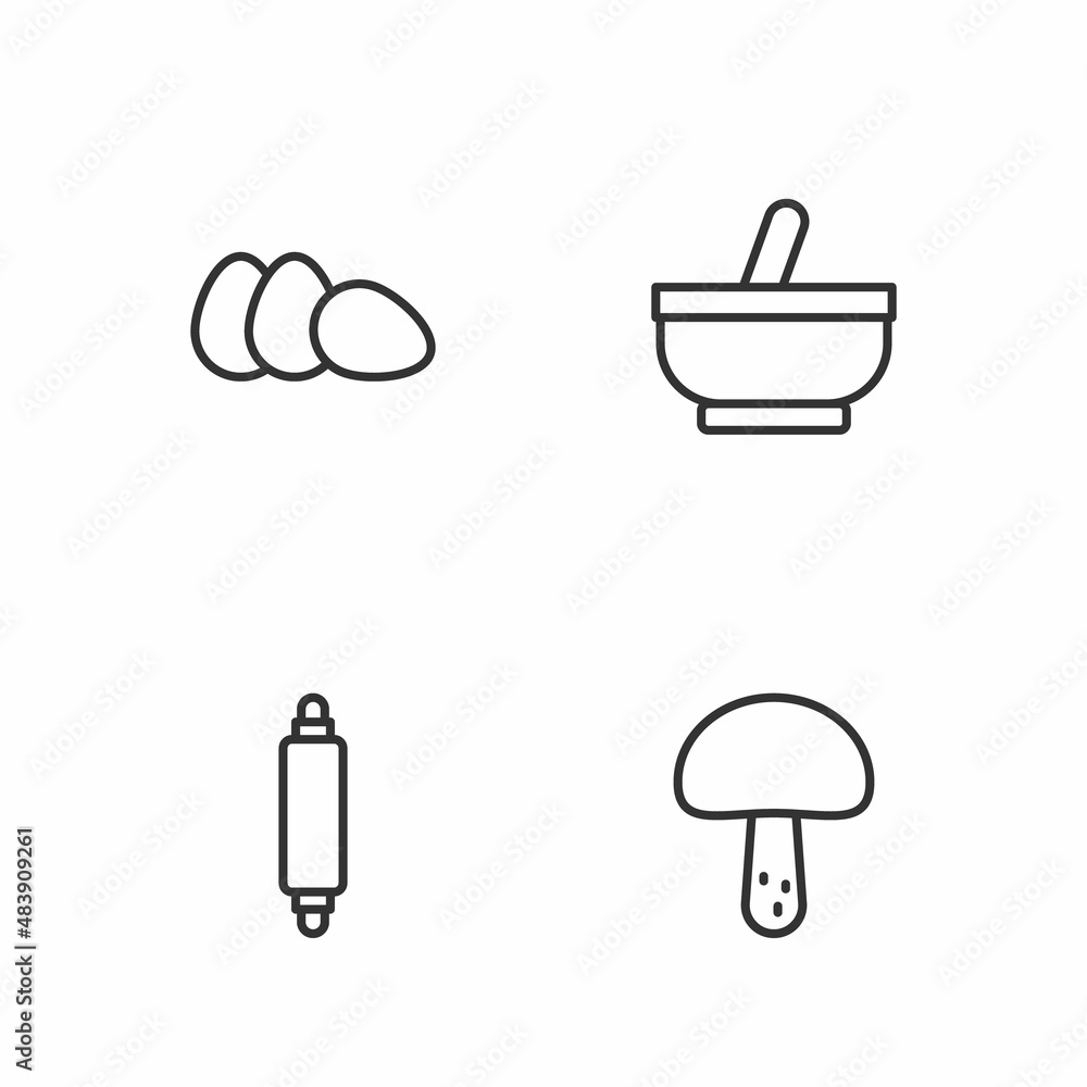 Fototapeta premium Set line Mushroom, Rolling pin, Chicken egg and Mortar and pestle icon. Vector