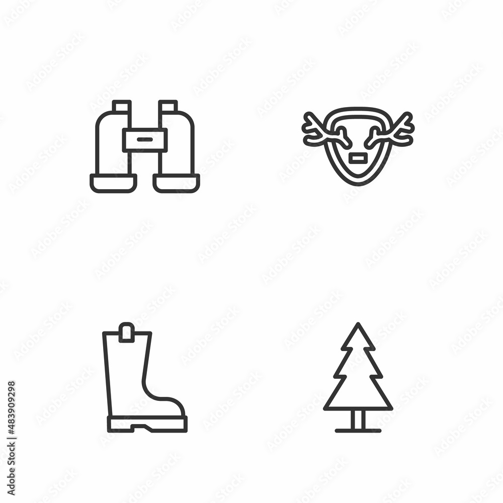 Set line Tree, Waterproof rubber boot, Binoculars and Deer antlers on shield icon. Vector Set line Tree, Waterproof rubber boot, Binoculars and Deer antlers on shield icon. Vector