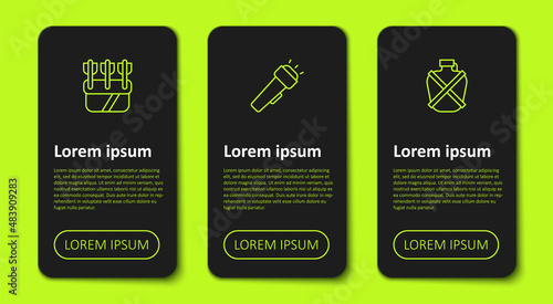 Set line Quiver with arrows, Flashlight and Canteen water bottle. Business infographic template. Vector