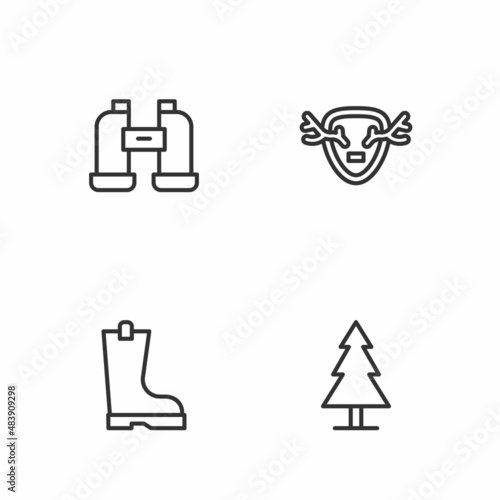 Set line Tree, Waterproof rubber boot, Binoculars and Deer antlers on shield icon. Vector