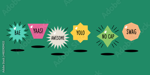 A set of stickers with fashionable words. Geometric shapes and compositions of them. Compositions of simple shapes.
