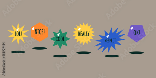 A set of stickers with fashionable words. Geometric shapes and compositions of them. Compositions of simple shapes.