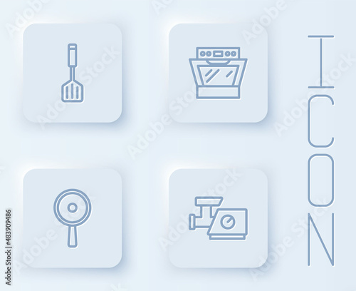 Set line Spatula, Oven, Frying pan and Kitchen meat grinder. White square button. Vector
