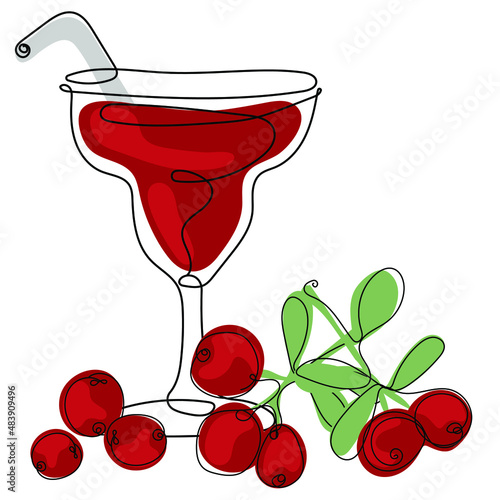 Cranberry fruit drink. Trendy vector illustration of fruit and juice in minimalist line art style.