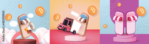 shopping and crypto on phone Banner Vector illustration 3d banking BTC gold cion cash trade money market sell business.