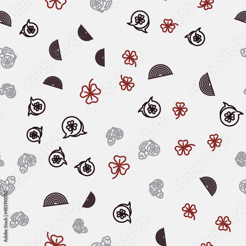 Set line Clover trefoil leaf, Rainbow, Glass of beer and on seamless pattern. Vector