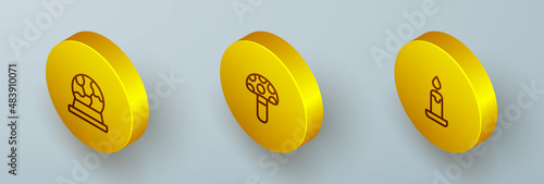Set Isometric line Magic ball, Psilocybin mushroom and Burning candle icon. Vector