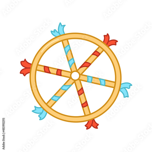 Wheel with ribbons Russian decoration for Maslenitsa. vector doodle illustration.