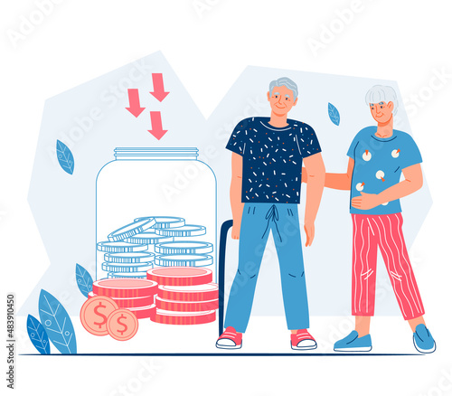 Pension fund saving plan and retirement savings concept. Aged people retirement planning with old man and woman at backdrop of money stacks, cartoon flat vector illustration isolated on white.