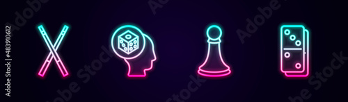 Set line Crossed billiard cues, Game dice, Chess pawn and Domino. Glowing neon icon. Vector