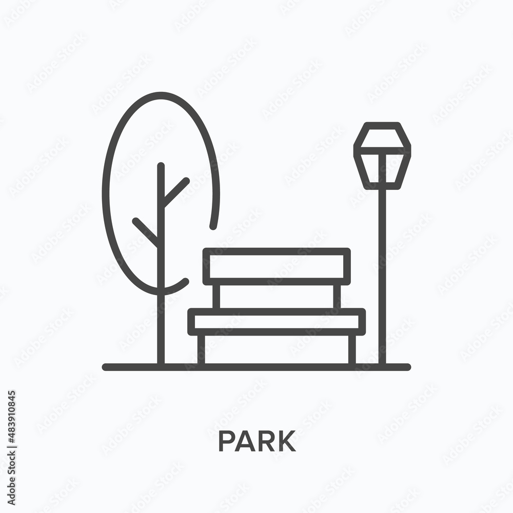 Park flat line icon. Vector outline illustration of tree, streetlight and bench. Black thin linear pictogram for urban nature place
