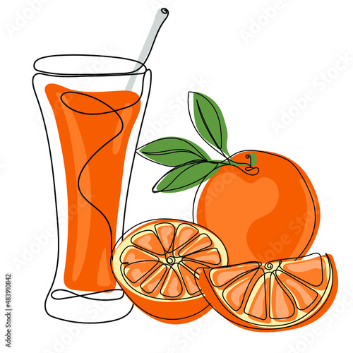 Orange juice. Trendy vector illustration of fruit and juice in minimalist line art style.