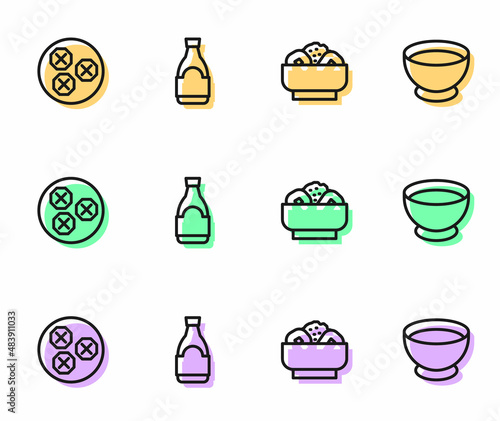 Set line Chow mein on plate, Wonton, Soy sauce bottle and bowl icon. Vector