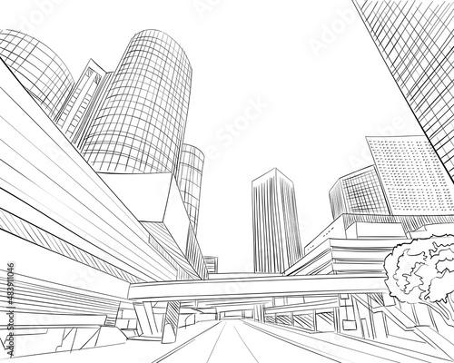 City unusual perpective Hand drawn, vector illustration photo