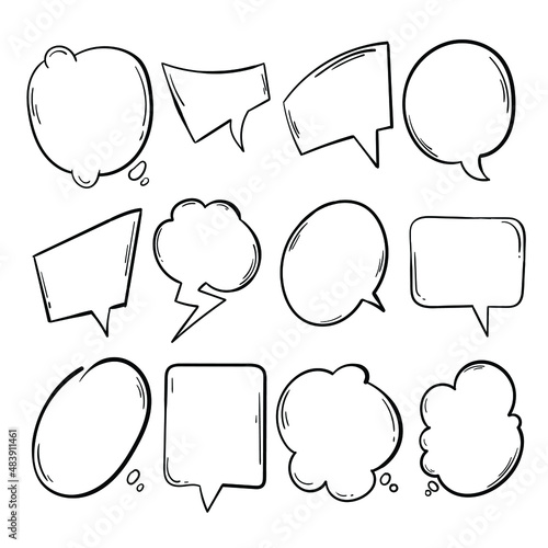 Doodle blank speech bubbles, hand drawn cartoon thinking shapes set. Free Vector