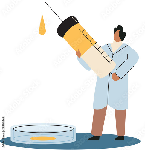 Scientist conducts scientific researches, virology in lab, holding vaccine, syringe and wearing medical suit. Coronavirus vaccine complete development. Medicines for treatment, doctor with injection