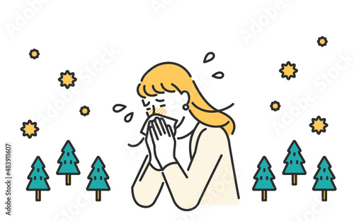 花粉症状でくしゃみをする女性のイメージイラスト素材