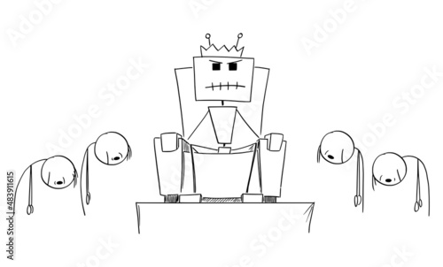 Robot, AI or Artificial Intelligence Sitting on Throne as king , Vector Cartoon Stick Figure Illustration