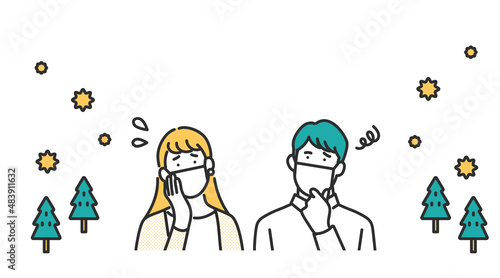 花粉症状で悩むマスクを着用した男女のイメージイラスト素材