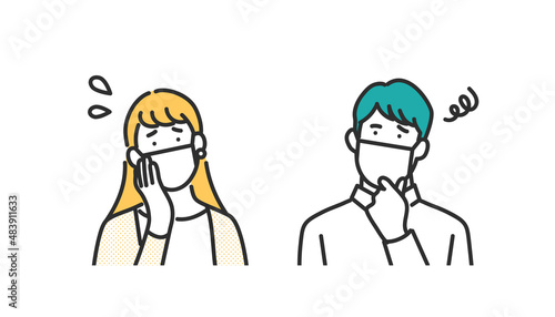 マスクを着用した困った表情の男女のイメージイラスト素材
