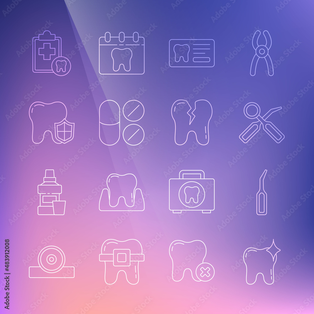 Set line Tooth whitening, Dental explorer scaler, inspection mirror, card, Painkiller tablet, protection, and Broken tooth icon. Vector Set line Tooth whitening, Dental explorer scaler, inspection mirror, card, Painkiller tablet, protection, and Broken tooth icon. Vector