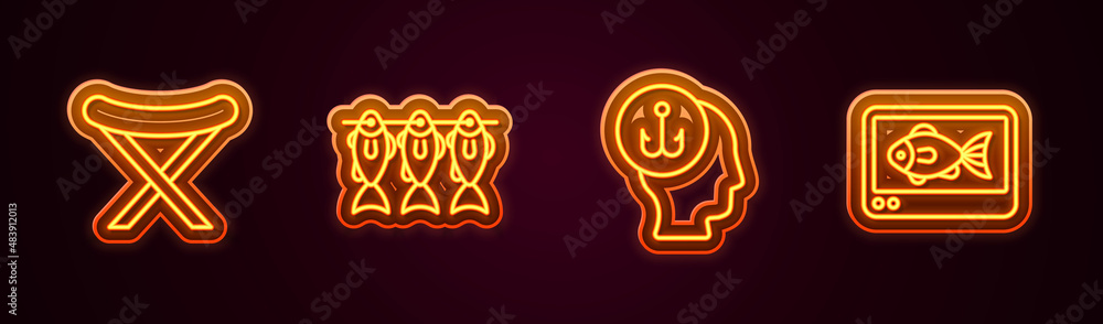 Set line Camping folding chair, Dried fish, Fisherman and finder echo sounder. Glowing neon icon. Vector Set line Camping folding chair, Dried fish, Fisherman and finder echo sounder. Glowing neon icon. Vector