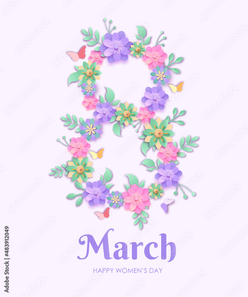 International Women's day 8 March card with flowers in realistic style International Women's day 8 March card with flowers in realistic style