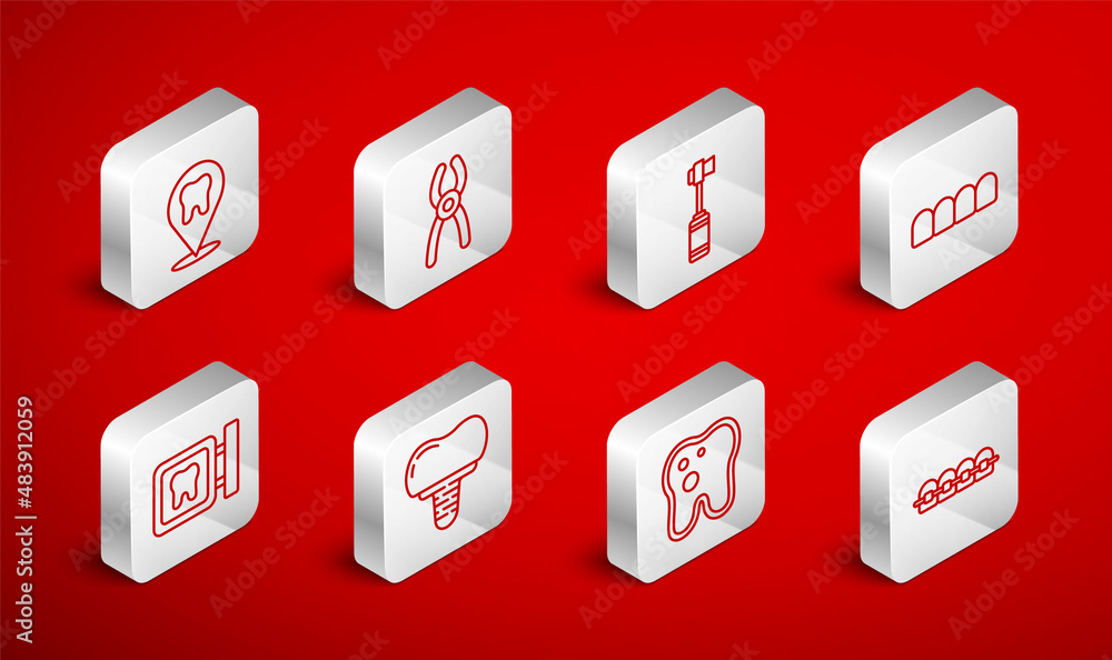 Set line Teeth with braces, Dental pliers, Toothbrush, Dentures model, caries, clinic location, implant and icon. Vector Set line Teeth with braces, Dental pliers, Toothbrush, Dentures model, caries, clinic location, implant and icon. Vector