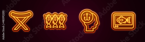Set line Camping folding chair, Dried fish, Fisherman and finder echo sounder. Glowing neon icon. Vector