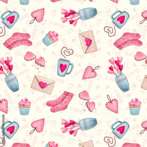Valentine's Day. Flowers, letter, socks, dessert. Seamless pattern, print design for clothing, textiles, packaging.