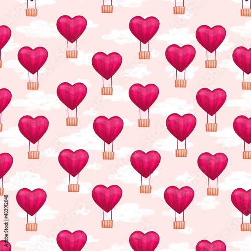 Valentine's Day. Clouds sky, balloon and hearts. Seamless pattern, print design for clothing, textiles, packaging.